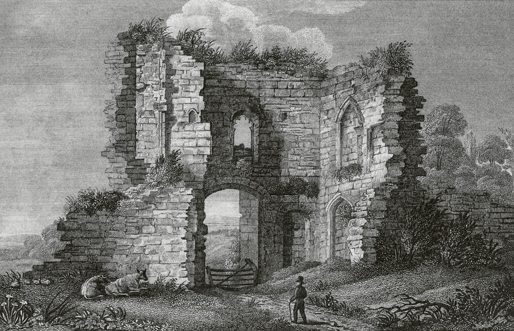 Förlagan till Strindbergs första oljemålning; en engelsk gravyr från 1832 föreställande en slottsruin i Staffordshire.