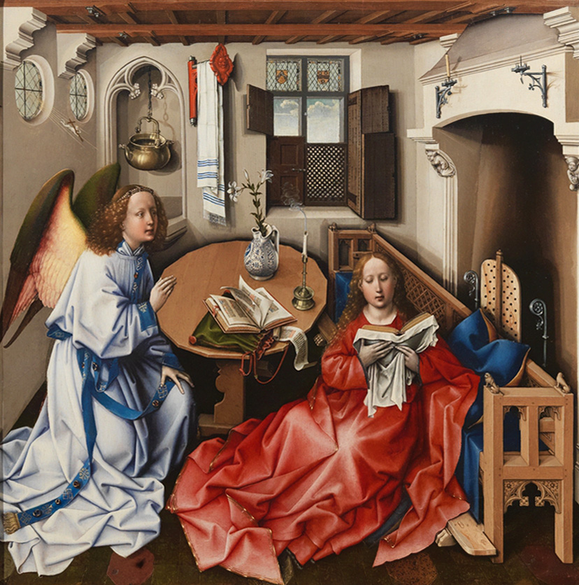 Central panel of the Annunciation Triptyck (Merode Altarpiece) from ca. 1427-32, Workshop of Robert Campin in the collection of the Metropolitan Museum (accession number 56.70a-c). The Cloisters Collection, 1956.