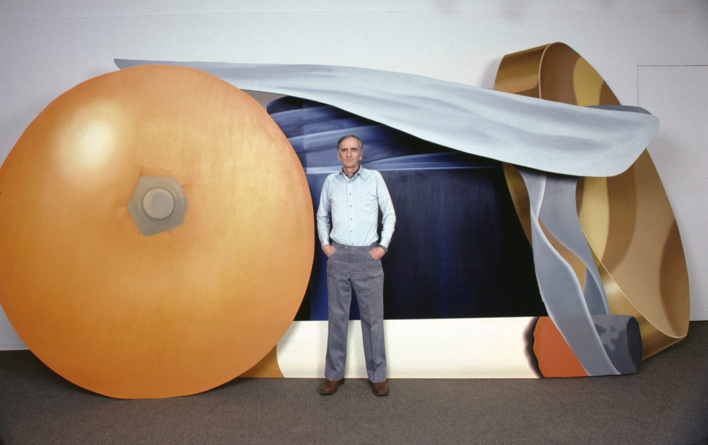 Tom Wesselmann poses with his work in the Sidney Janis Gallery, New York City in 1983. 
Photo by Jack Mitchell/Getty Images.