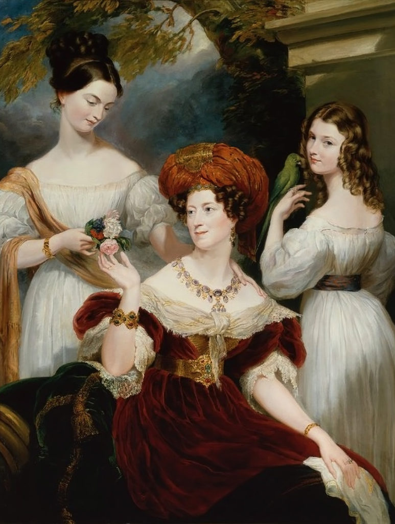Porträtt föreställande Lady Stuart de Rothesay och hennes döttrar Charlotte och Louisa. Porträttet visar hur man blandade färg och form i smycken under 1800-talets första hälft. Utförd 1830-31 av George Hayter, England 1792-1871. Brittiska ambassaden i Paris, inv. nr 16630